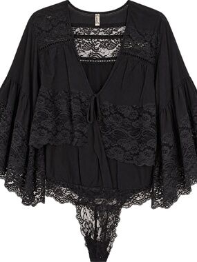 Free People Tiers Not Tears Black Lace Wide Sleeve Bodysuit NWOT Size S